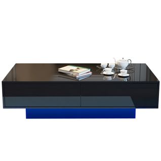 Table Basse LED 115×55×34 Cm Noir Brillant En Panneaux De Particules Avec 2 Tiroirs Rangement