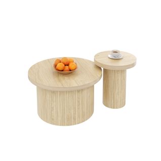 Lot De 2 Table Basse Rond 66x66x40 / 40x40x46 Cm, En Lamelles De Bois Naturel, Couleur Bois