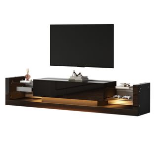Meuble TV 181x38x38cm, LED, Cloisons En Verre, Convient Aux Téléviseurs Jusqu'à 80 Pouces, Noir