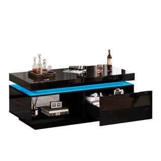 Table Basse Moderne Brillante 100x50x40cm, Avec Éclairage LED, 1 Tiroir, Noir