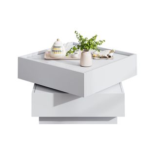 Table Basse Rotative 360° 60×60×38 cm avec 2 Tiroirs, Blanc, Panneaux de Particules