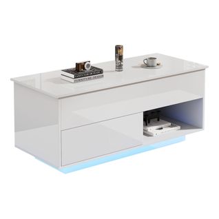 Table Basse Rectangulaire Relevable 100x50x55/70,5 Cm Avec 1 Tiroir, LED, Rangement, Blanc