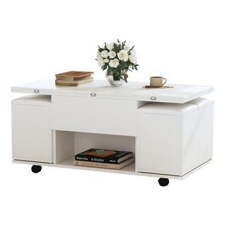 Table basse relevable roulante 100 cm grand espace de rangement et 4 tabourets, Blanc