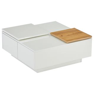 Table basse carrée blanc brillant 75×75×33,5 cm avec plateaux coulissants et 4 tiroirs cachés
