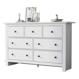 Commode Blanc Salon 7 Tiroirs, Meuble De Rangement 152x40x89cm, Panneaux Particules