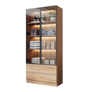Vitrine Moderne 75×34,5×170 Cm, Avec LED, 2 Tiroirs, 2 Portes Verre Trempé, En Mdf, Couleur Marron