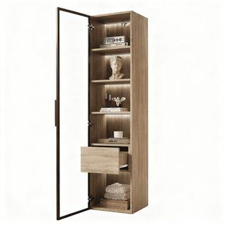 Vitrine Moderne 40×34,5×165 Cm Avec LED, 1 Tiroir, 1 Porte Verre Trempé, En Mdf, Naturel