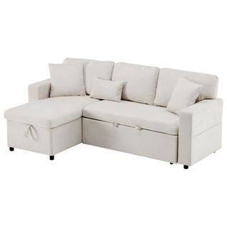 Canapé D'angle 4 Places 214x131x87 Cm, Canapé Gigogne Avec Rangement Et Étagères, Tissu, Blanc