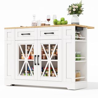 Îlot De Cuisine 120x65x92 Cm Avec 2 Tiroirs, 2 Portes Vitrées, Roulettes, USB, Mdf, Blanc