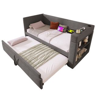 Lit Gigogne Extensible 90x190 Cm Avec USB, Type-c, Porte-gobelets, Sommier à Lattes, En Lin, Gris