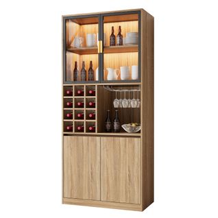Buffet De Cuisine 80x40x180 Cm Avec 4 Portes, Éclairage LED, Rangements Ouverts, En Mdf, Naturel
