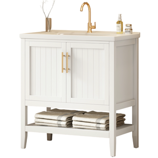 Meuble Lavabo En Mdf Et Vasque En Céramique 80x47x90 Cm Avec 2 Portes, Rangement Ouvert, Blanc