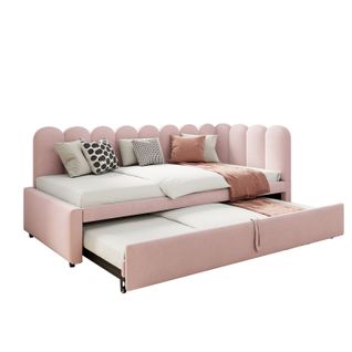 Lit Gigogne Enfant (90/180x200 Cm), Conception En Forme De L, Gagnez De L'espace, Velours, Rose