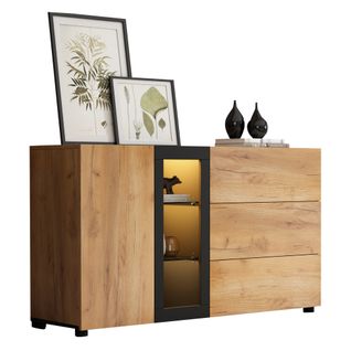 Buffet Moderne 140x40x80cm, 1 Porte, 2 Cloisons En Verre, 3 Tiroirs, Coloris Bois Et Noir