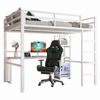 Lit Mezzanine 140x200cm, Bureau Avec Prise Électrique, Port USB Type-c, Cadre En Fer, Blanc