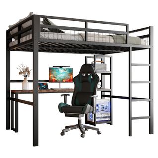 Lit Mezzanine 140x200cm, Bureau Avec Prise Électrique, Port USB Type-c, Cadre En Fer, Noir