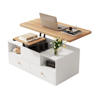 Table Basse Revelable 100x50x47.5-62 Cm Avec 4 Tiroirs, Compartiments Ouverts, En Mdf, Blanche