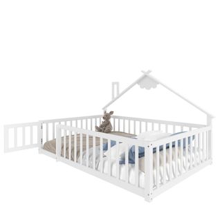 Lit Cabane 140 X 190 Cm Avec Barrières De Sécurité Verrouillables, En Pin, Blanc