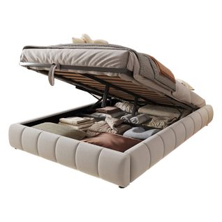 Lit Coffre Adulte 140x200 Cm Avec Rangement Et LED, Sans Tête De Lit, Flanelle, Beige