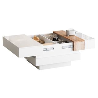 Table Basse Carrée Extensible 70x70x39 Cm, Table D'appoint Avec Rangements Cachés, En Mdf, Blanche