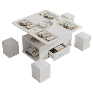 Table Basse Relevable 100x50x45 Cm Avec 4 Tabourets, 1 Tiroir, LED, Panneaux De Particules, Blanc