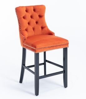 Lot De 2 Tabourets De Bar 60x50x104 Cm Dossier Haut, Velours Orange, Pieds En Bois