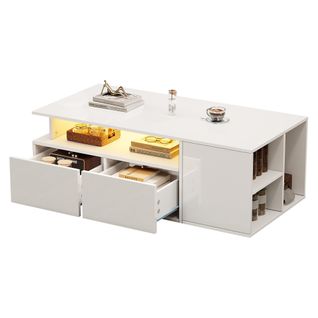 Table Basse Moderne 100x50x35cm, 2 Tiroirs, Compartiments Ouverts, Blanc Brillant