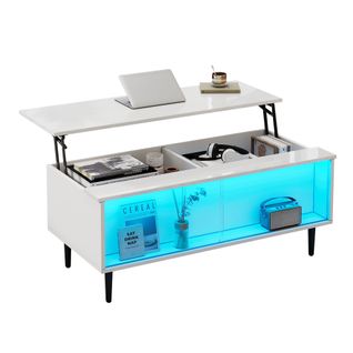 Table Basse Relevable 105 Cm avec rangement caché et LED, verre trempé et MDF, blanc brillant