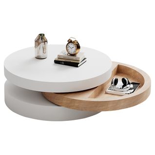 Table Basse Ronde 60x60x35 Cm 360° Rotative, 3 Plateaux, Rangement, En Mdf, Blanc Et Naturel