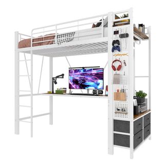 Lit Mezzanine Enfant 90x200 Cm, Lit Simple Avec 4 Tiroirs, Bureau, USB, Type-c Et LED, Métal, Blanc