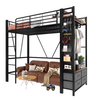 Lit Mezzanine Enfant 90x200 Cm, Lit Simple Avec 4 Tiroirs, Étagère, USB, Type-c Et LED, Métal, Noir