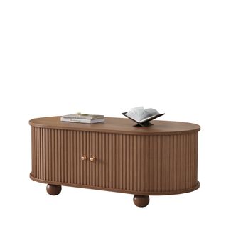 Table Basse Ovale 100x50x40 Cm Avec Rangement, 2 Portes Coulissantes, En Mdf, Couleur Marron
