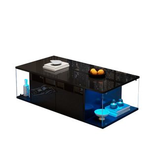 Table Basse Moderne 100x50x30cm, 2 Portes, Avec Bande Lumineuse LED, Verre Trempé, Noir Brillant
