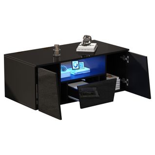 Table Basse 100x50x40 Cm, Avec Éclairage LED, 2 Portes, 1 Tiroir, Noir Brillant.