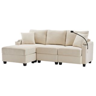 Canapé Modulaire 3 Places Avec Ottoman, USB, Porte-gobelets, 2 Coussins, En Tissu, Beige