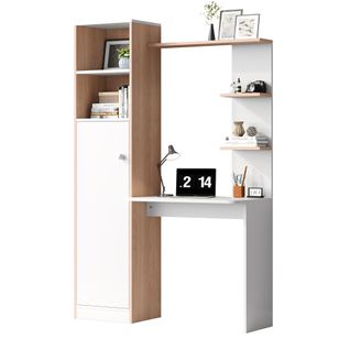 Bureau De Travail 123,5x45x168,5 Cm Avec 1 Porte, 2 Étagères Ouvertes, Rangement, En Mdf, Blanc