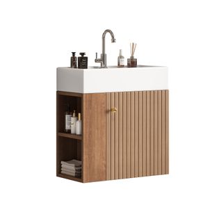 Meuble Lavabo Suspendu Et Vasque En Céramique 55 Cm Avec 1 Porte, Rangements Latéraux, Marron