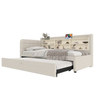 Lit Gigogne Enfant 90x200 Cm, Lit Simple Avec USB, Type-c Et Compartiments De Rangement, Lin, Beige