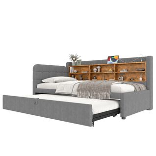 Lit Gigogne Enfant 90x200 Cm, Lit Simple Avec USB, Type-c Et Compartiments De Rangement, Lin, Gris