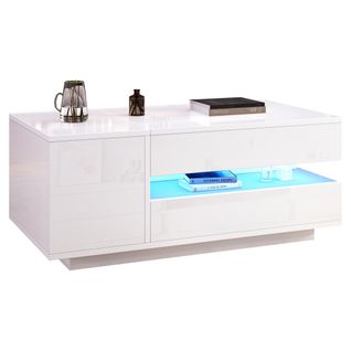 Table Basse Rectangulaire Relevable 95x50x40-54,5 Cm Avec 1 Tiroir, 1 Porte, Rangement, LED, Blanc