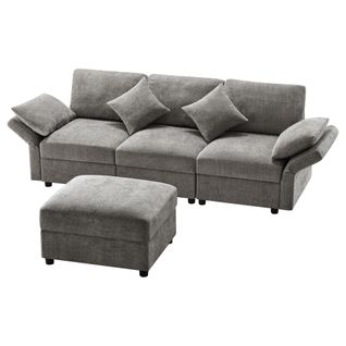 Canapé Modulaire 3 Places Avec Ottoman, 4 Coussins Et Accoudoirs Réglables, Tissu Chenille, Gris