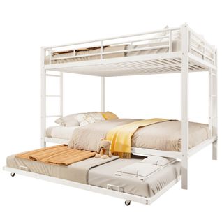 Lit Superposé 140x200 Cm x2 + Lit Gigogne 90x190 Cm Avec Barrières De Sécurité, Métal, Blanc