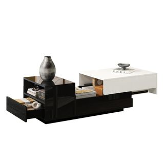 Table Basse Moderne 100 X 50 X 38 Cm, 1 Tiroir, 1 Niche, Plateau Coulissant, Blanc + Noir