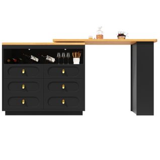 Table De Bar Extensible 203x39x90 Cm, Rotation Fluide à 360°, 6 Tiroirs, Compartiment Ouvert, Noir