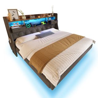 Lit Adulte 160x200cm, 2 Petits Tiroirs, Avec Éclairage LED, 1 Port Type-c, 3 Ports USB, Lin, Gris