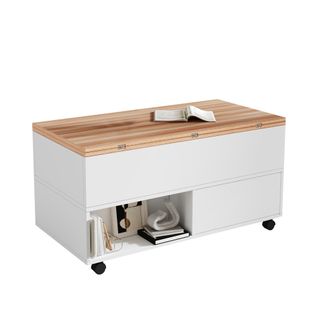 Table Basse Rectangulaire Relevable 100x50x52 Cm Avec 4 Roulettes, 4 Tiroirs, Blanc Et Chêne