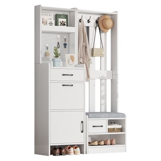 Vestiaire D’entrée 110 X 35 X 175,5 Cm Avec 2 Tiroirs, 2 Portes, Crochets, Banc, Blanc