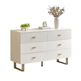 Commode 120x40x75 Cm Avec 6 Tiroirs, Pieds Stables, Espace De Rangement, En Mdf, Blanc + Doré