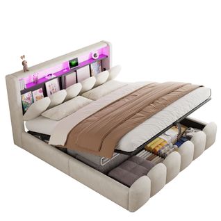 Lit Coffre Adulte 180x200 Cm Lit Double à Motif Pétale Avec LED Et Prise USB, Velours, Beige