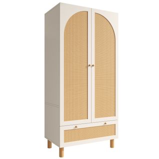 Armoire 85,5 X 52 X 180,5 Cm, 2 Portes En Rotin, 1 Tiroir, Tringle à Vêtements, Blanc